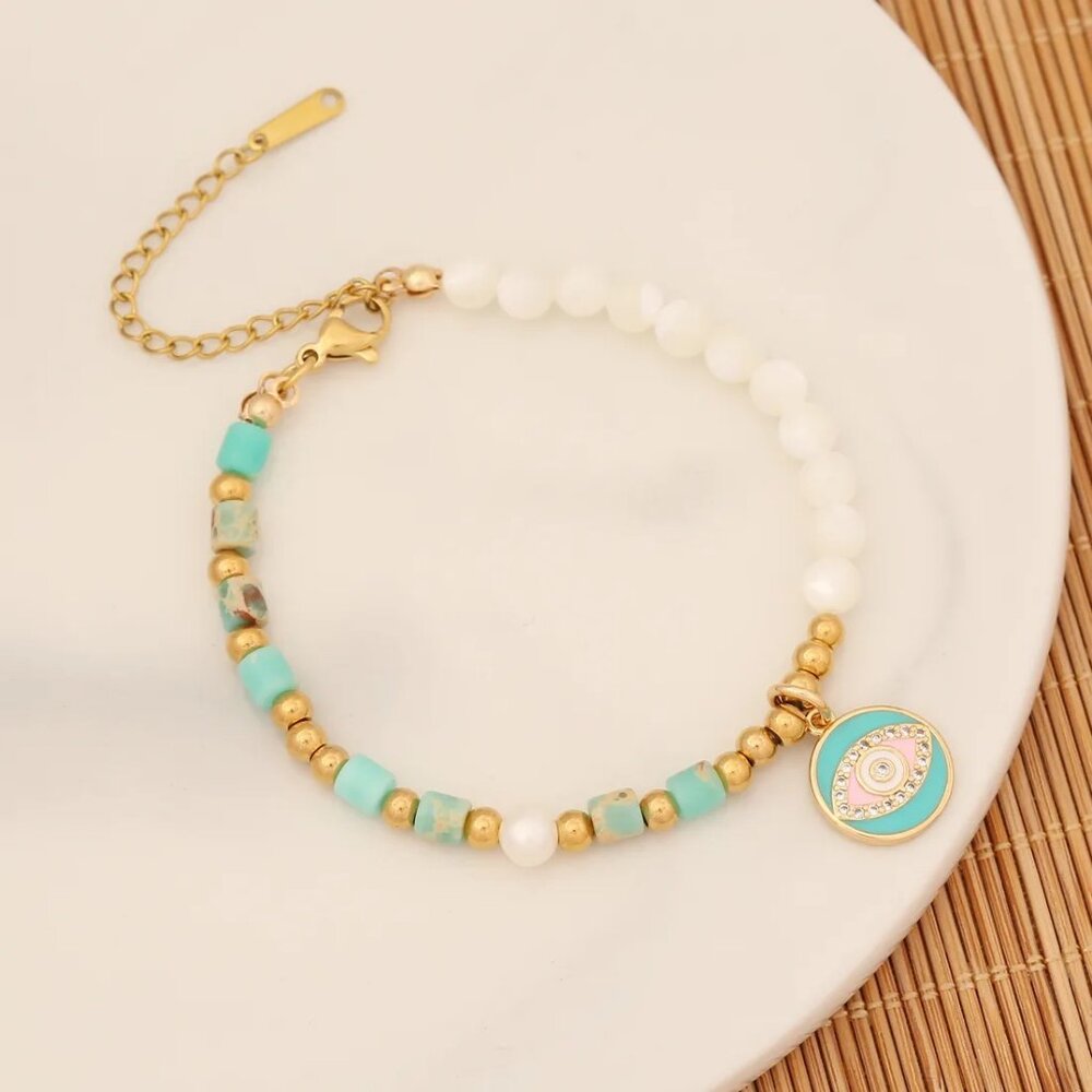 Evil Eye Stainless Steel Natural Stone Copper 18K Gold Plated Bracelet